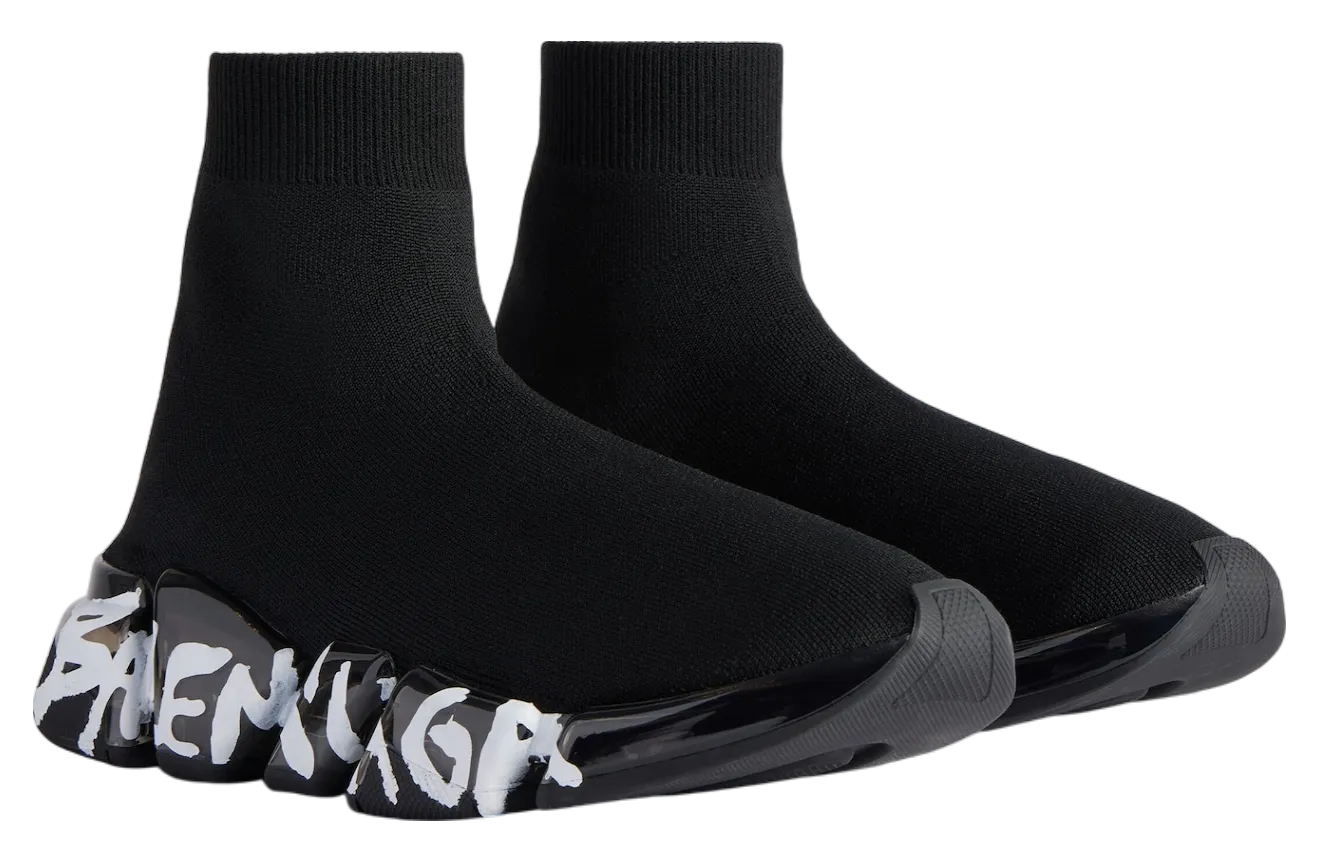 balenciaga speed 2 0 full clear sole graffiti recycled knit black white 0