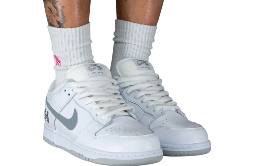 supreme x nike sb dunk low white metallic silver white 0
