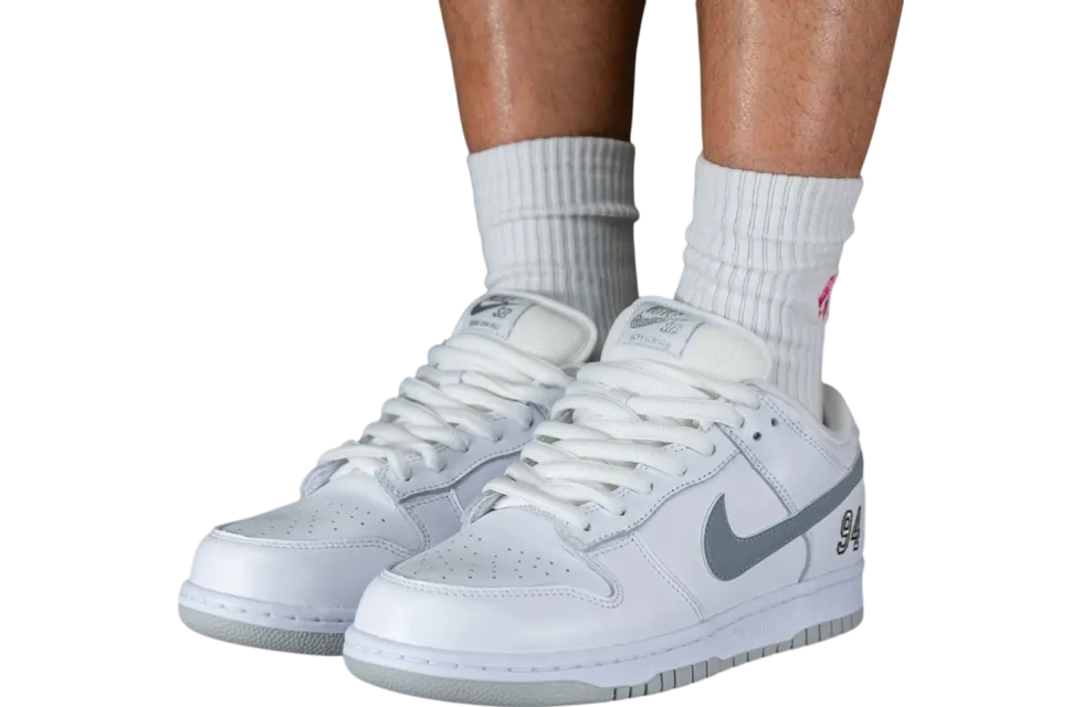 supreme x nike sb dunk low white metallic silver white 1