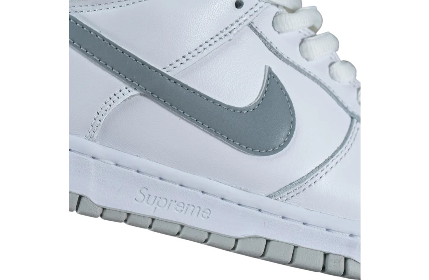 supreme x nike sb dunk low white metallic silver white 11