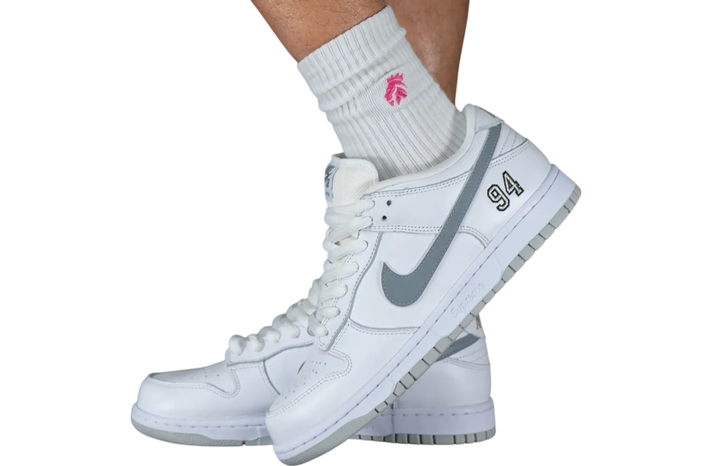 supreme x nike sb dunk low white metallic silver white 3
