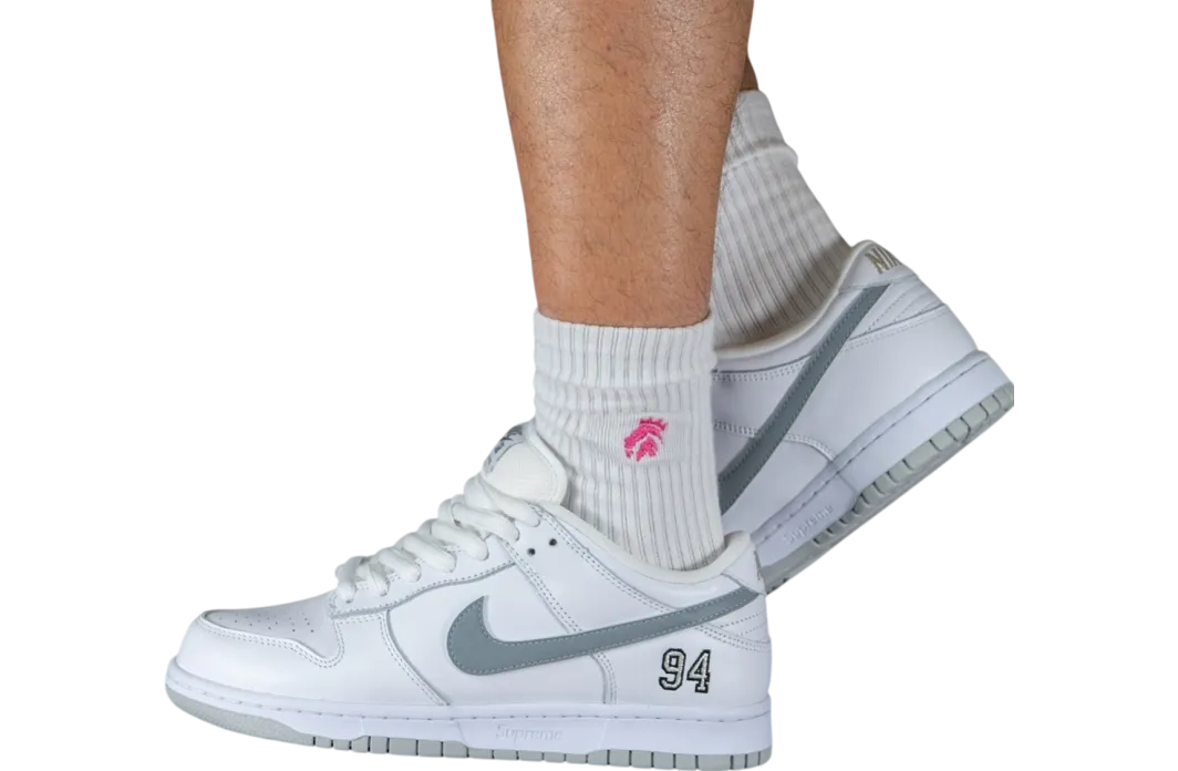 supreme x nike sb dunk low white metallic silver white 5